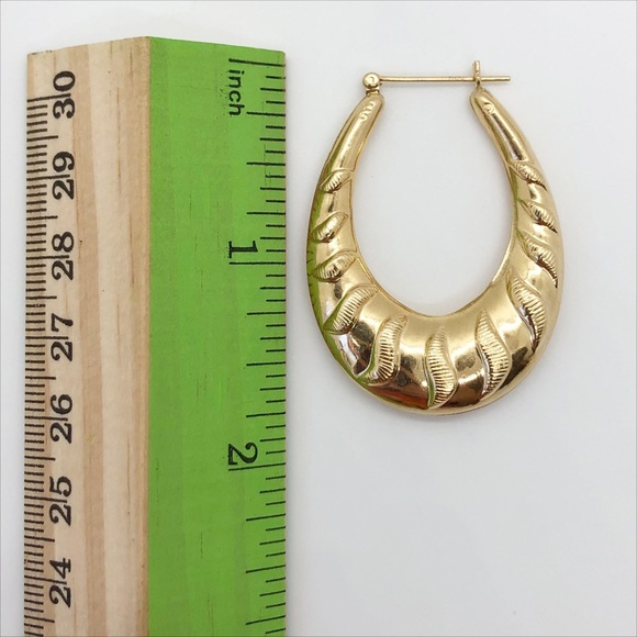 14k yellow gold large puffy hoop earrings with swirl design vintage 1.5” - Picture 4 of 7